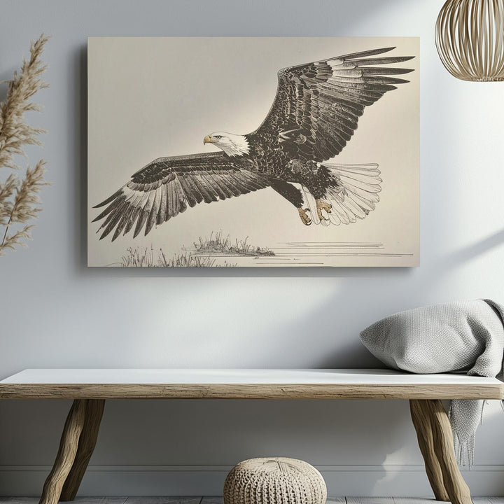 Soaring Eagle Line Art Canvas – Minimalist Ink Patriotic Wall Art - Gifitto