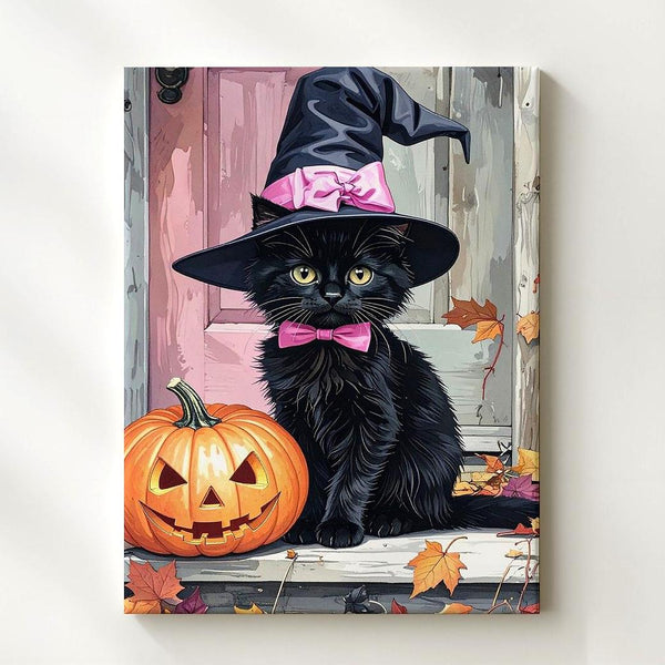 Black Kitten on Porch Canvas – Pink Witch Hat & Pumpkin Halloween Portrait - Gifitto
