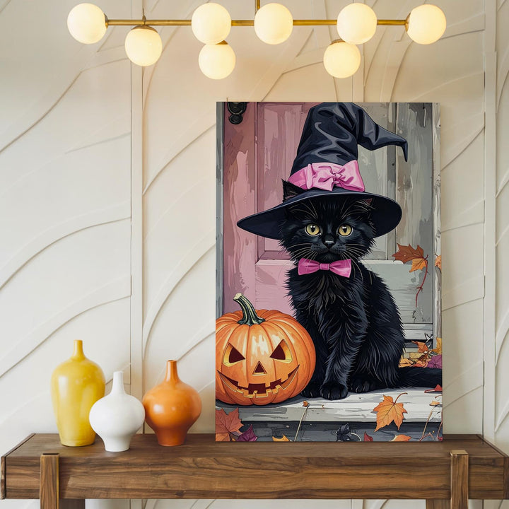 Black Kitten on Porch Canvas – Pink Witch Hat & Pumpkin Halloween Portrait - Gifitto