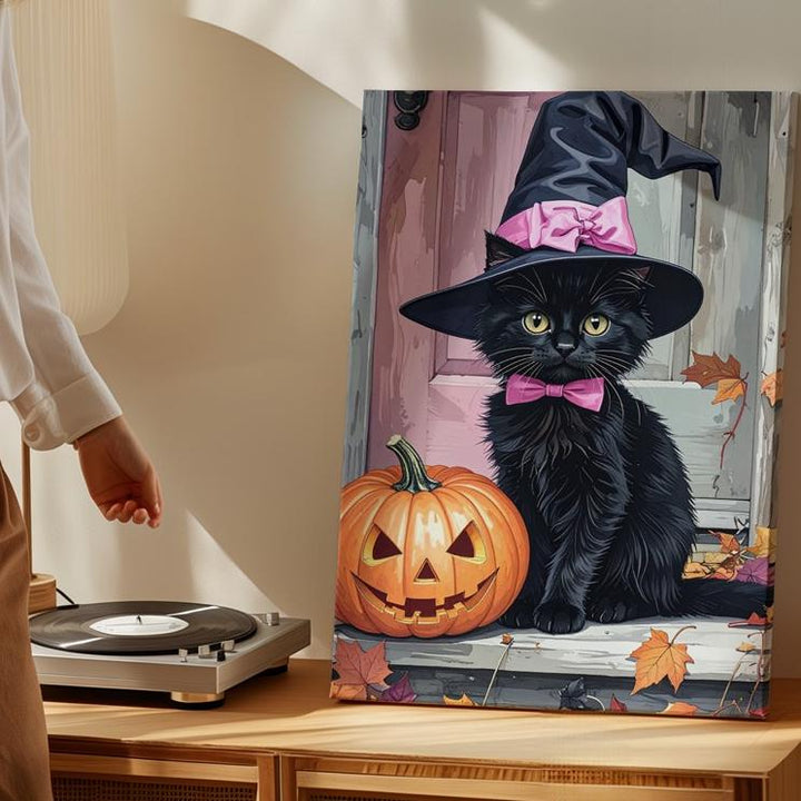 Black Kitten on Porch Canvas – Pink Witch Hat & Pumpkin Halloween Portrait - Gifitto