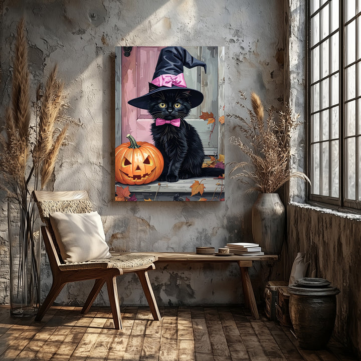 Black Kitten on Porch Canvas – Pink Witch Hat & Pumpkin Halloween Portrait - Gifitto