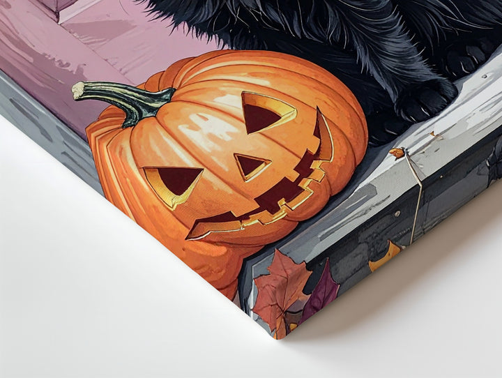 Black Kitten on Porch Canvas – Pink Witch Hat & Pumpkin Halloween Portrait - Gifitto
