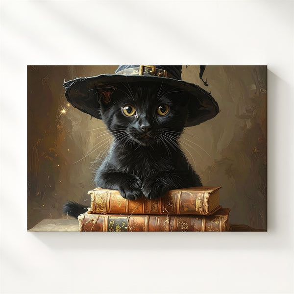 Witch Kitten & Spell Books Canvas – Enchanted Halloween Magic Wall Art - Gifitto