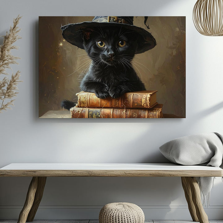 Witch Kitten & Spell Books Canvas – Enchanted Halloween Magic Wall Art - Gifitto