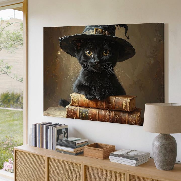 Witch Kitten & Spell Books Canvas – Enchanted Halloween Magic Wall Art - Gifitto
