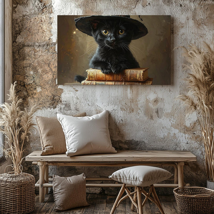Witch Kitten & Spell Books Canvas – Enchanted Halloween Magic Wall Art - Gifitto