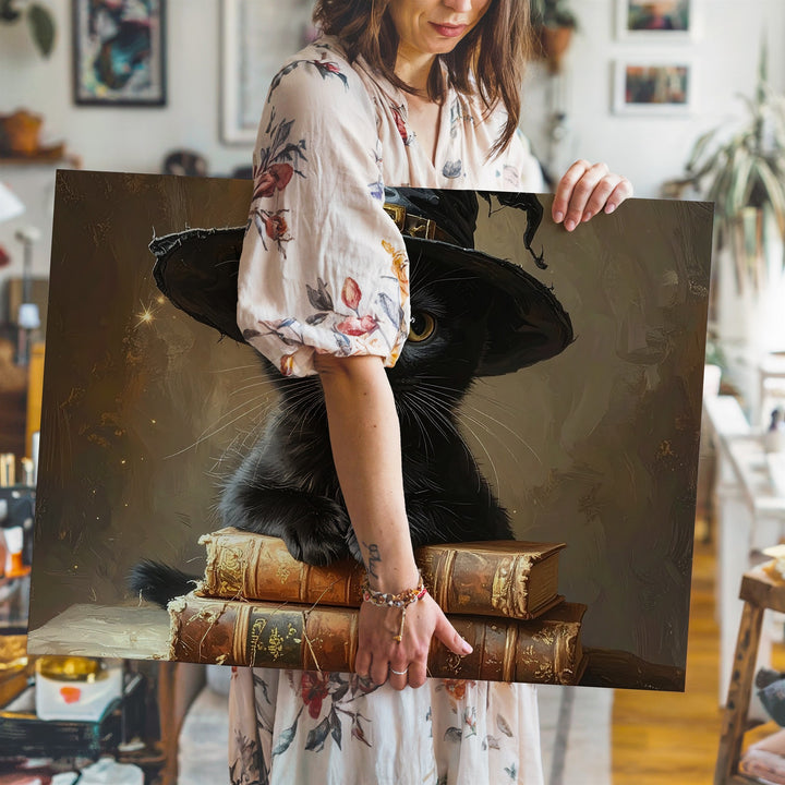 Witch Kitten & Spell Books Canvas – Enchanted Halloween Magic Wall Art - Gifitto