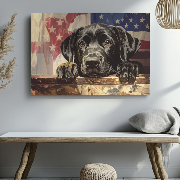 Loyal Pup & Sepia Flag Canvas – Vintage Patriotic Labrador Wall Art - Gifitto