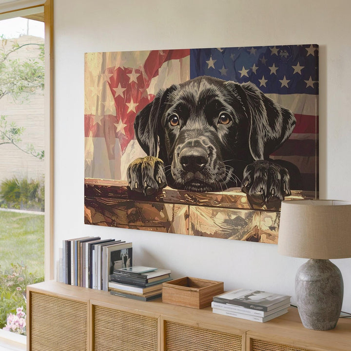 Loyal Pup & Sepia Flag Canvas – Vintage Patriotic Labrador Wall Art - Gifitto
