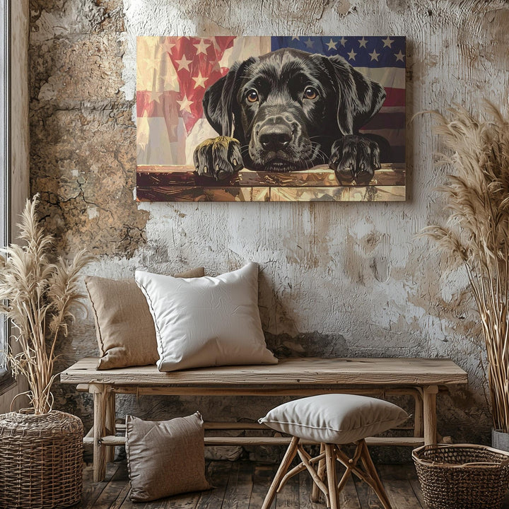 Loyal Pup & Sepia Flag Canvas – Vintage Patriotic Labrador Wall Art - Gifitto