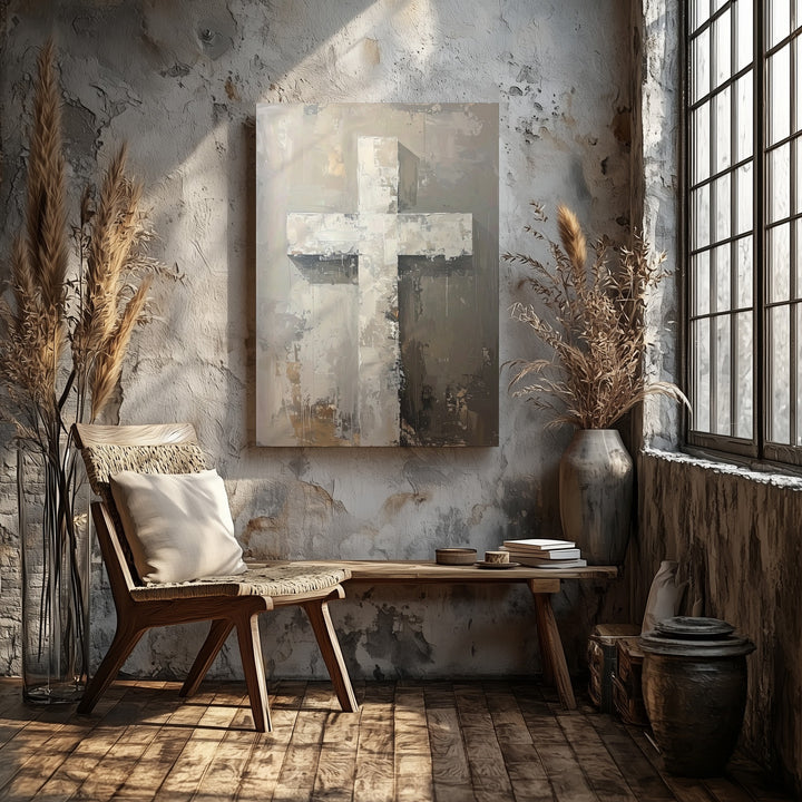 Abstract Textured Cross Canvas – Minimalist Christian Wall Art of Strength, Faith, and Sacred Simplicity - Gifitto