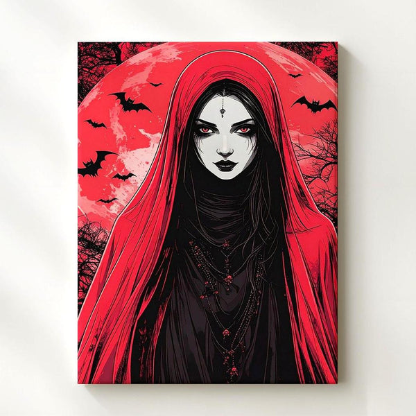 Veiled Woman Gothic Canvas – Surreal Red Moon & Bats Art - Gifitto