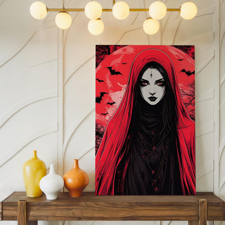 Veiled Woman Gothic Canvas – Surreal Red Moon & Bats Art - Gifitto