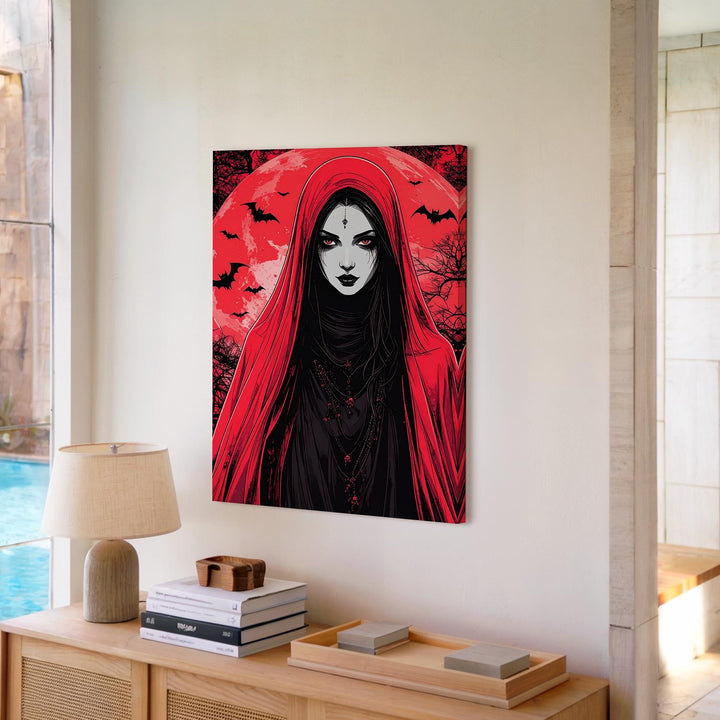 Veiled Woman Gothic Canvas – Surreal Red Moon & Bats Art - Gifitto