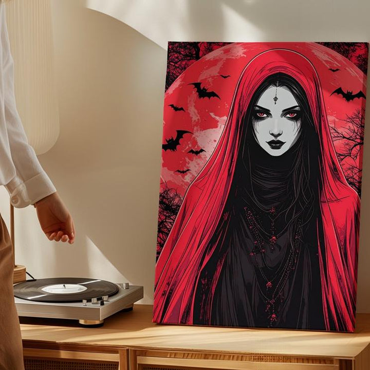 Veiled Woman Gothic Canvas – Surreal Red Moon & Bats Art - Gifitto
