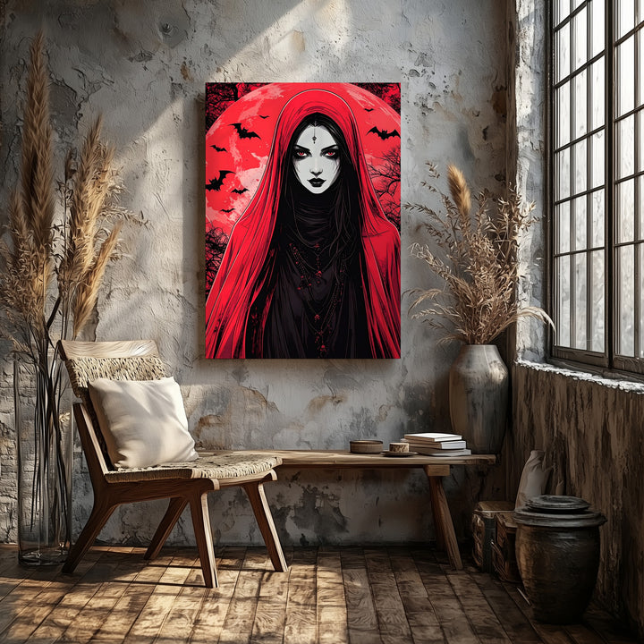 Veiled Woman Gothic Canvas – Surreal Red Moon & Bats Art - Gifitto