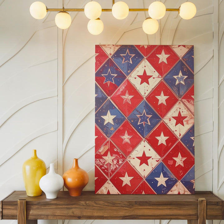 Rustic Star Grid Canvas – Vintage Americana Diamond Pattern Wall Art - Gifitto