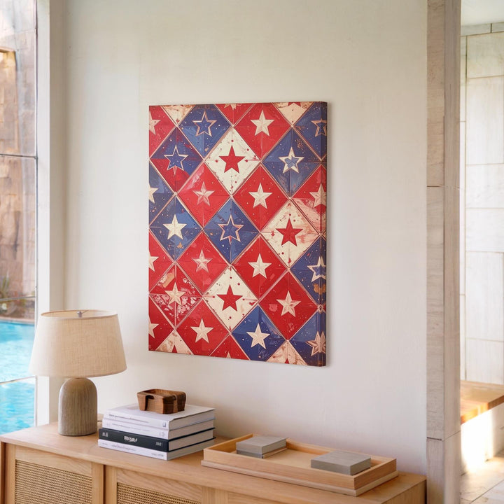 Rustic Star Grid Canvas – Vintage Americana Diamond Pattern Wall Art - Gifitto