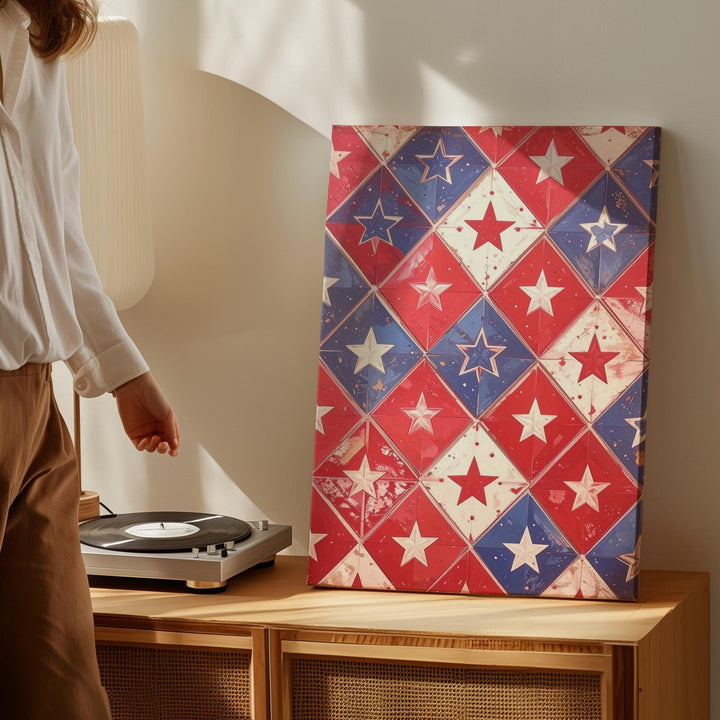 Rustic Star Grid Canvas – Vintage Americana Diamond Pattern Wall Art - Gifitto