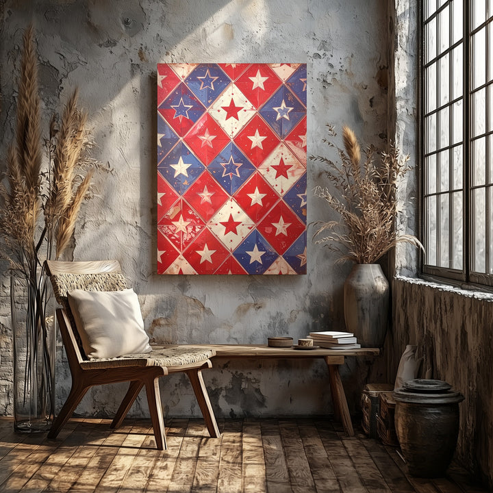 Rustic Star Grid Canvas – Vintage Americana Diamond Pattern Wall Art - Gifitto