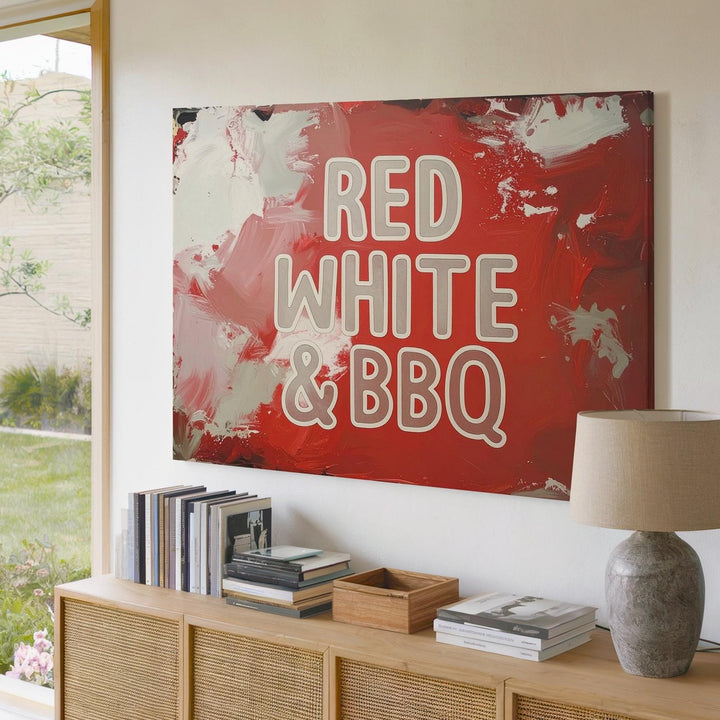 RED WHITE & BBQ Canvas – Minimalist Patriotic Summer Grill Wall Art - Gifitto
