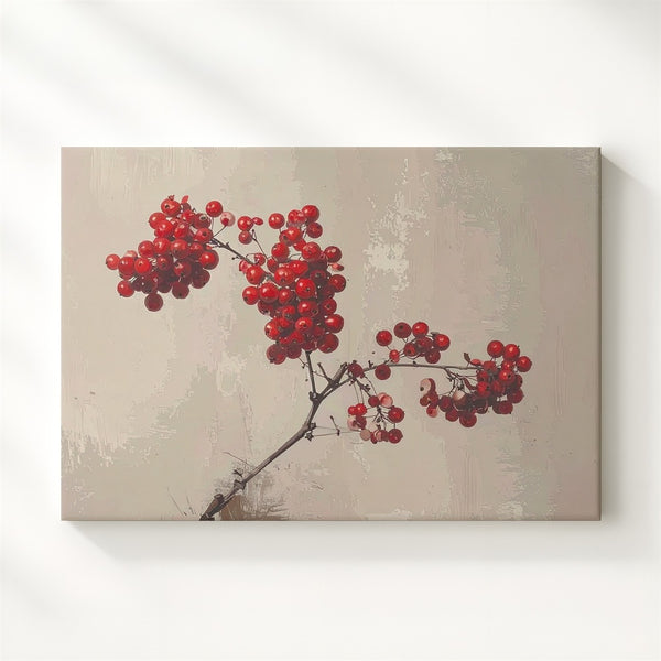 Minimalist Red Berry Branch Canvas – Elegant Winter Botanical Art - Gifitto