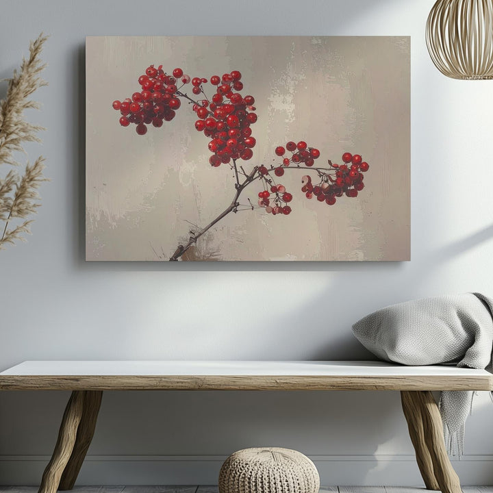 Minimalist Red Berry Branch Canvas – Elegant Winter Botanical Art - Gifitto