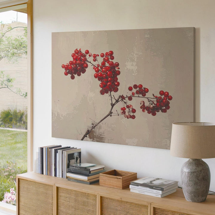 Minimalist Red Berry Branch Canvas – Elegant Winter Botanical Art - Gifitto