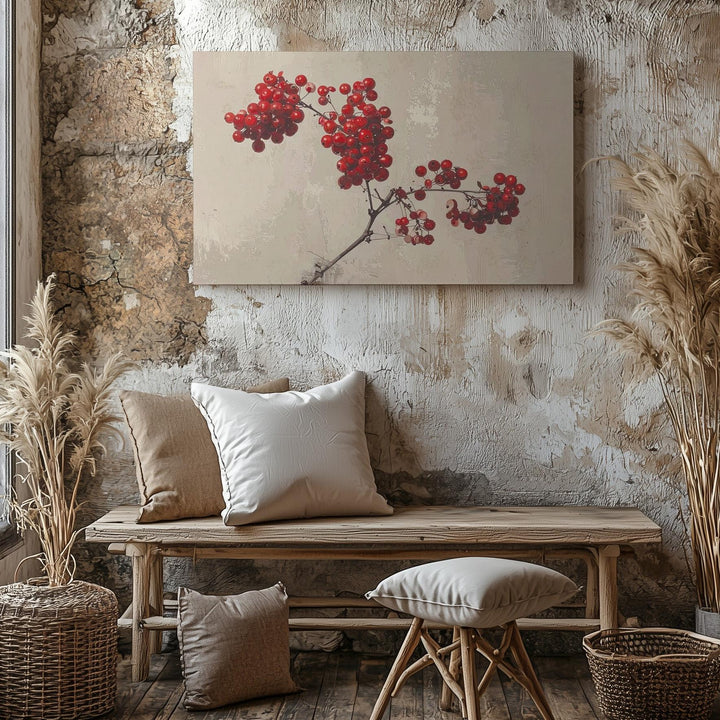 Minimalist Red Berry Branch Canvas – Elegant Winter Botanical Art - Gifitto