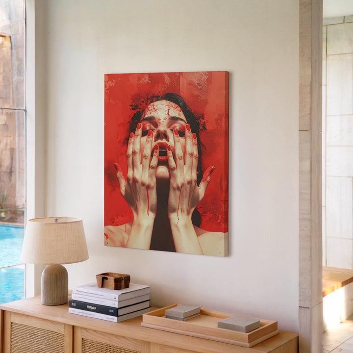 Crimson Scream Canvas – Abstract Horror Art of Hands, Face & Red Immersion - Gifitto
