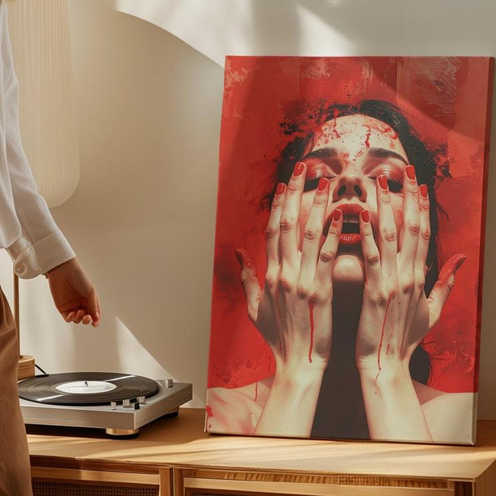 Crimson Scream Canvas – Abstract Horror Art of Hands, Face & Red Immersion - Gifitto