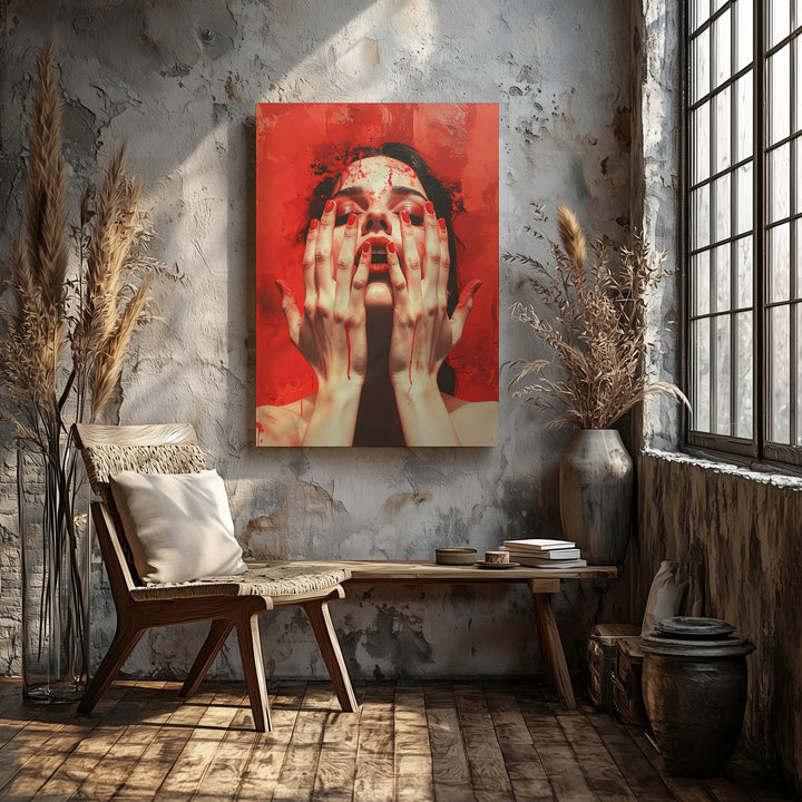 Crimson Scream Canvas – Abstract Horror Art of Hands, Face & Red Immersion - Gifitto