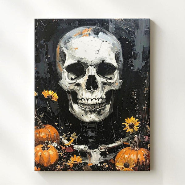 Harvest Skull Canvas – Rustic Halloween Art with Pumpkins & Leaves - Gifitto