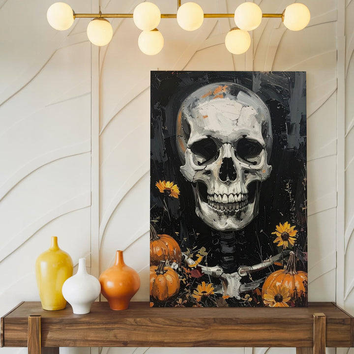 Harvest Skull Canvas – Rustic Halloween Art with Pumpkins & Leaves - Gifitto