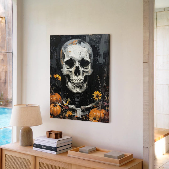 Harvest Skull Canvas – Rustic Halloween Art with Pumpkins & Leaves - Gifitto