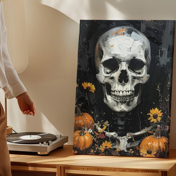 Harvest Skull Canvas – Rustic Halloween Art with Pumpkins & Leaves - Gifitto