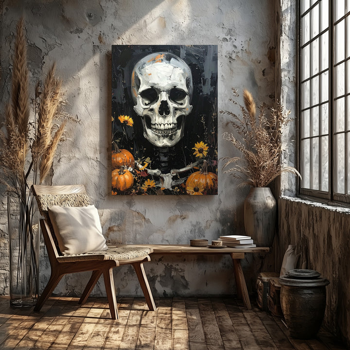 Harvest Skull Canvas – Rustic Halloween Art with Pumpkins & Leaves - Gifitto