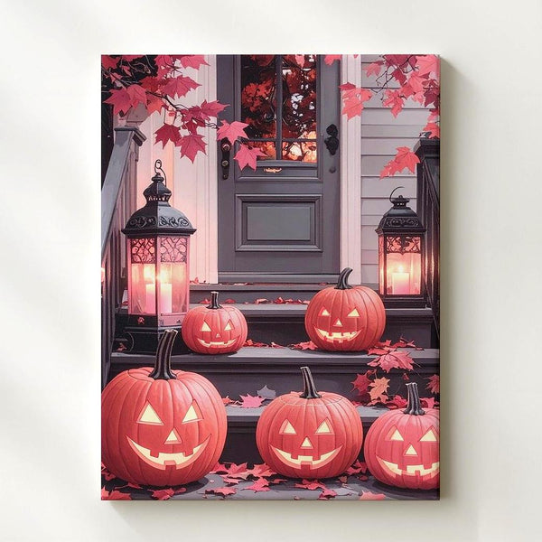 Pastel Glow Jack-o’-Lantern Canvas – Vibrant Fall Porch Art - Gifitto