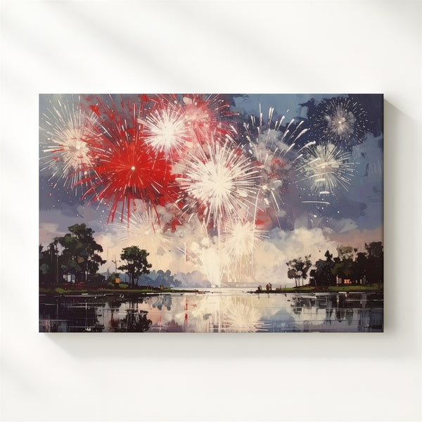 Fireworks Over Lake Canvas – Red & White 4th of July Reflection Wall Art - Gifitto