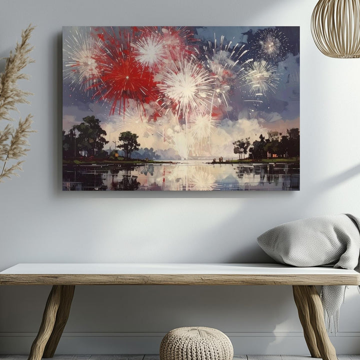 Fireworks Over Lake Canvas – Red & White 4th of July Reflection Wall Art - Gifitto