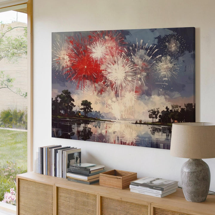 Fireworks Over Lake Canvas – Red & White 4th of July Reflection Wall Art - Gifitto