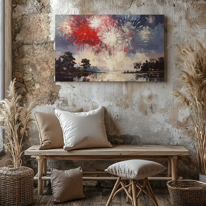Fireworks Over Lake Canvas – Red & White 4th of July Reflection Wall Art - Gifitto