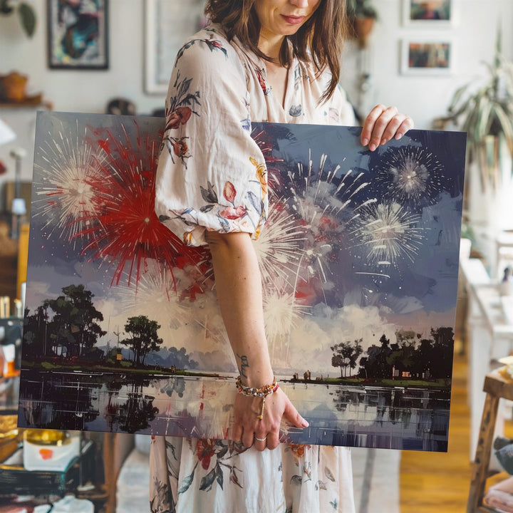 Fireworks Over Lake Canvas – Red & White 4th of July Reflection Wall Art - Gifitto