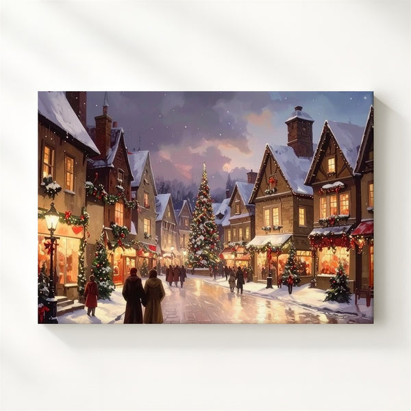 Twilight Christmas Village Canvas – Romantic European Holiday Market Art - Gifitto