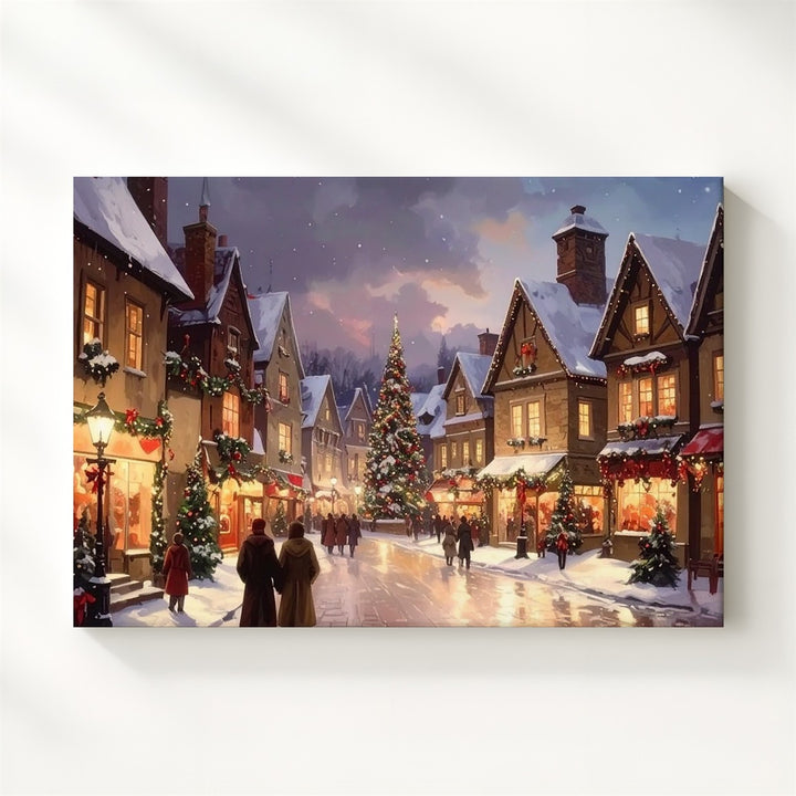 Twilight Christmas Village Canvas – Romantic European Holiday Market Art - Gifitto