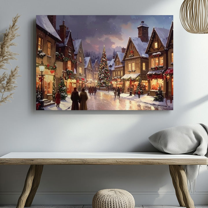 Twilight Christmas Village Canvas – Romantic European Holiday Market Art - Gifitto