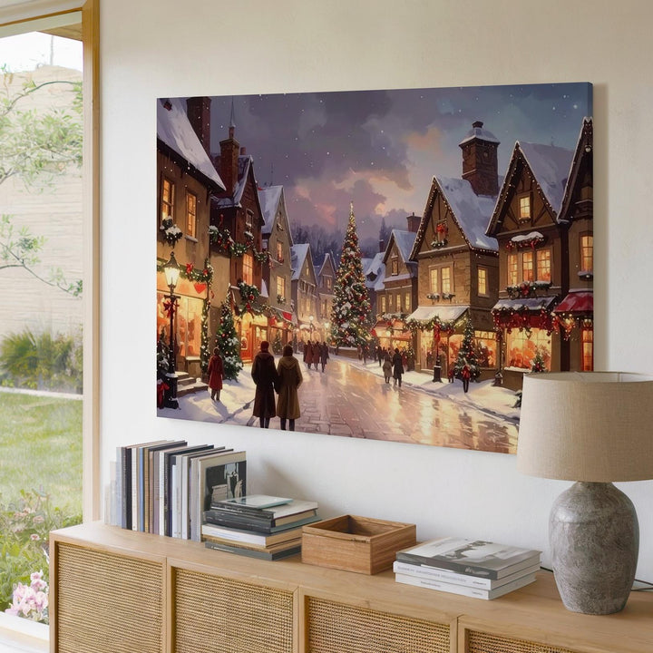 Twilight Christmas Village Canvas – Romantic European Holiday Market Art - Gifitto