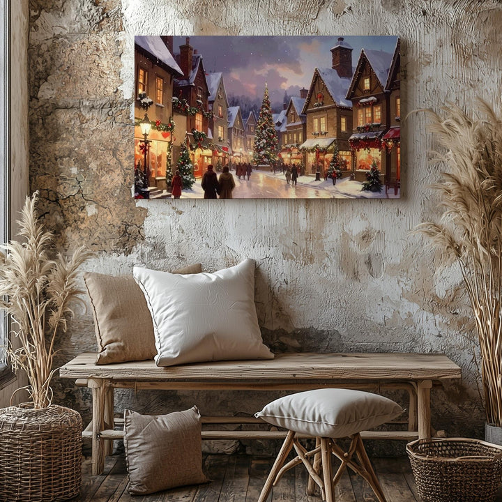 Twilight Christmas Village Canvas – Romantic European Holiday Market Art - Gifitto