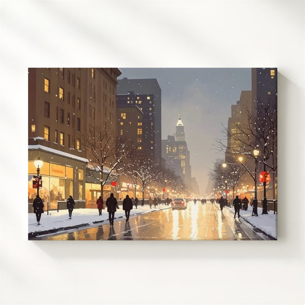 Golden City Glow – Holiday Night Street Canvas with Winter Nostalgia - Gifitto