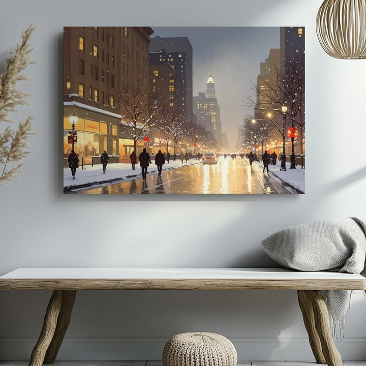 Golden City Glow – Holiday Night Street Canvas with Winter Nostalgia - Gifitto